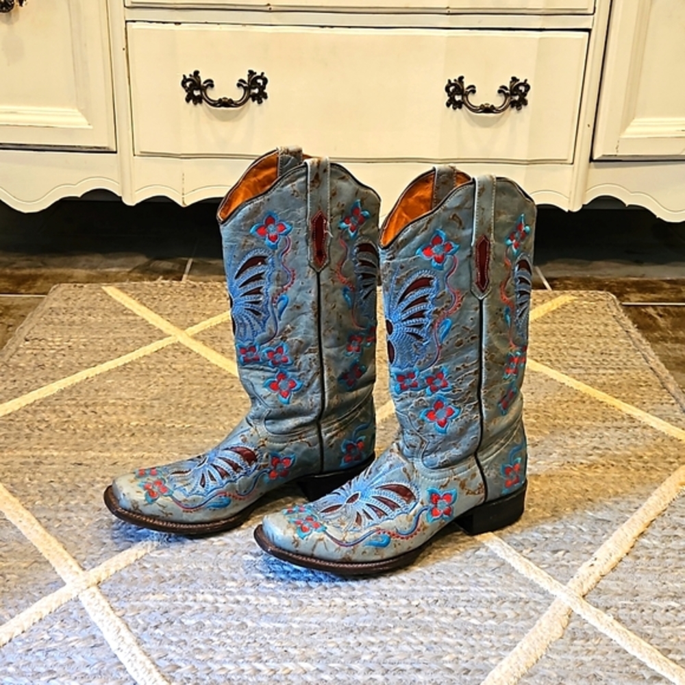 Blue Butterfly Embroidered Leather Cowboy Boots